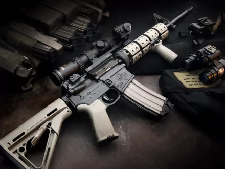 A detailed close-up of a Colt AR-15 assault rifle, featuring tactical accessories and equipment, set against a dark background. This image serves as a striking HD desktop wallpaper.