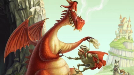 HD fantasy desktop wallpaper depicting a red dragon playfully interacting with a knight in armor near a cliffside castle.