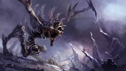HD PC desktop wallpaper featuring a dramatic scene from the video game Rift, showing a fierce skeletal dragon confronting a lone warrior amid a dark, rocky landscape.