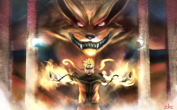 HD desktop wallpaper featuring Naruto Uzumaki and Kurama in an intense, fiery battle scene from the anime Naruto.