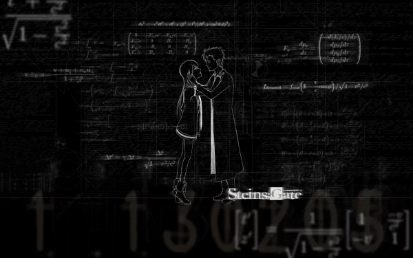 HD desktop wallpaper featuring anime characters Rintaro Okabe and Kurisu Makise from Steins;Gate. They stand facing each other, surrounded by mathematical formulas and the Steins;Gate logo.