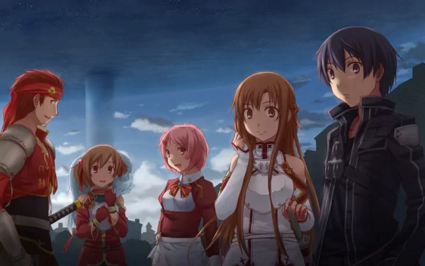 A dynamic scene featuring characters from Sword Art Online: Pina, Silica, Lisbeth, Klein, Kirito, and Asuna Yuuki, set against a dramatic sky backdrop. HD anime wallpaper.