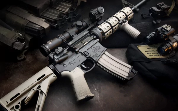 A detailed close-up of a Colt AR-15 assault rifle, featuring tactical accessories and equipment, set against a dark background. This image serves as a striking HD desktop wallpaper.