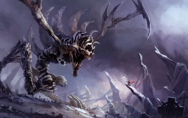 HD PC desktop wallpaper featuring a dramatic scene from the video game Rift, showing a fierce skeletal dragon confronting a lone warrior amid a dark, rocky landscape.