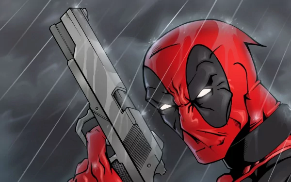 Deadpool, the Merc with a Mouth, aims a large gun in a rainy, dark comic-style 8K Ultra HD PC desktop wallpaper and background.