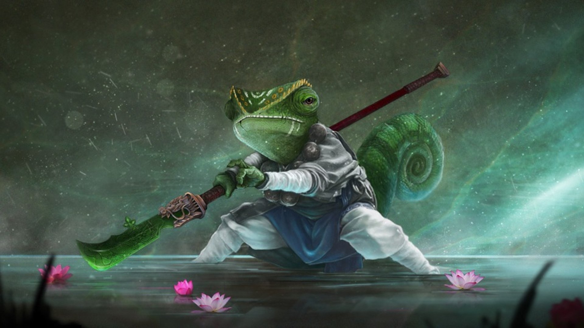 A fantasy creature resembling a chameleon warrior wields a large curved blade, poised in a misty, mystical environment; HD PC desktop wallpaper and background.