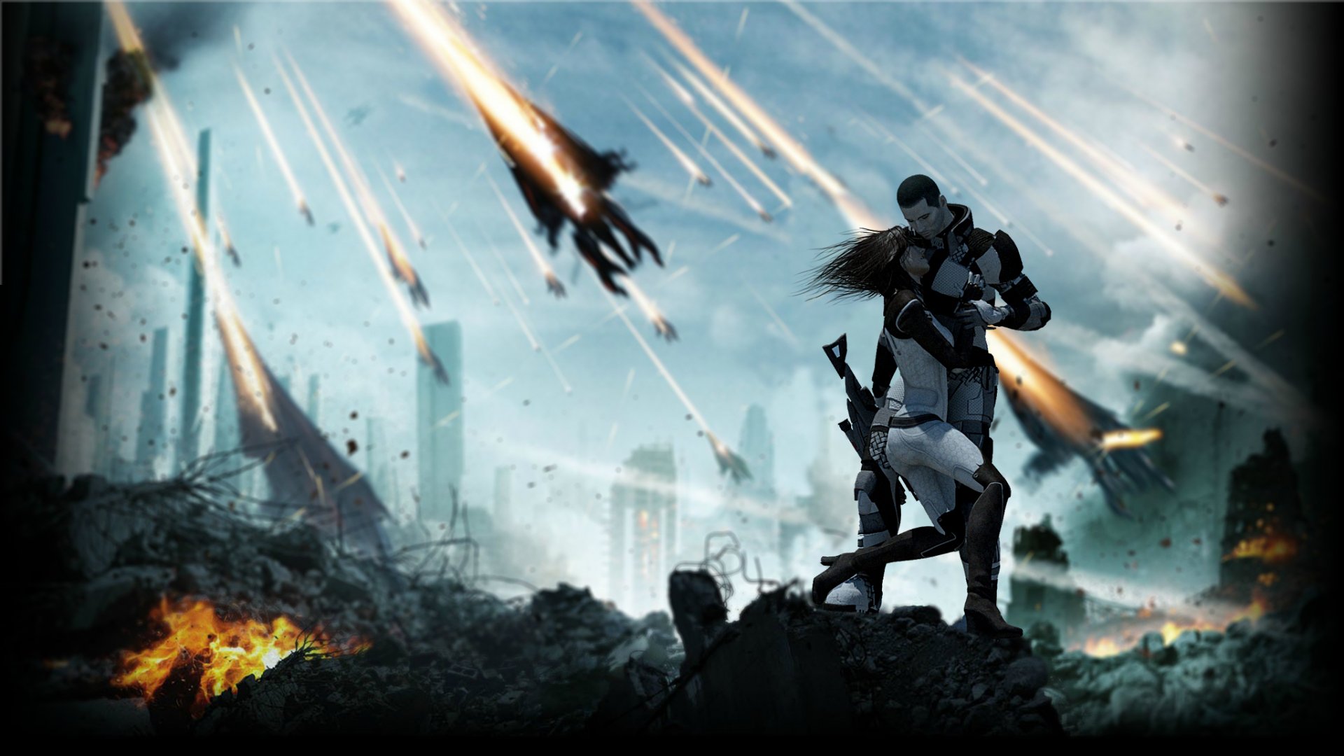 A dramatic HD wallpaper featuring Miranda Lawson and Commander Shepard from the video game Mass Effect, set against a backdrop of chaos and destruction with missiles in the sky.