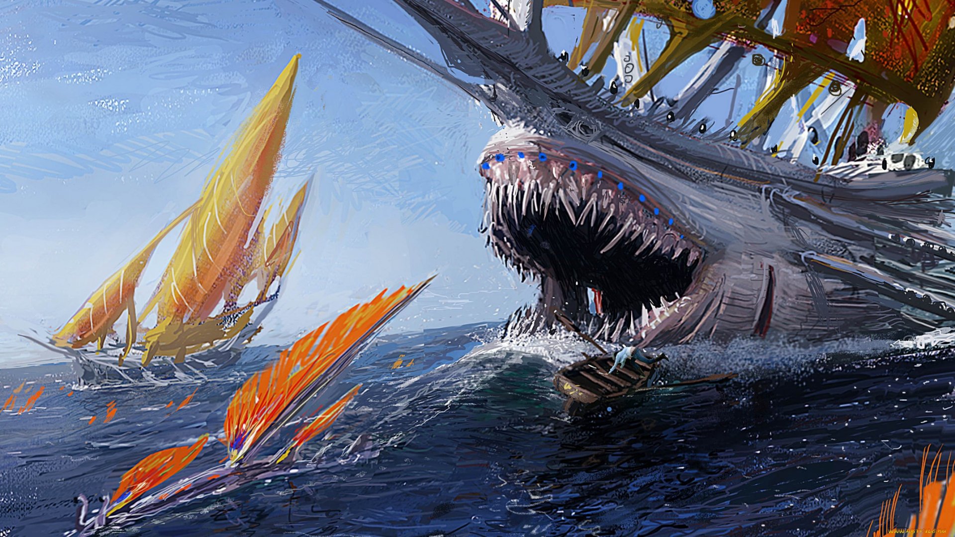 Fantasy HD PC desktop wallpaper and background: massive shark-like ship with gaping teeth and sail-like fins rises from a dark sea as small sailboats flee across choppy water.