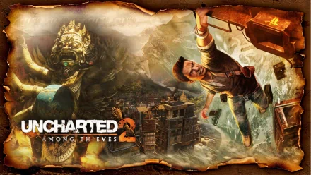 HD wallpaper featuring action scenes from *Uncharted 2: Among Thieves*, showcasing a dynamic character leap amidst a stunning backdrop of ancient ruins and dramatic landscapes.
