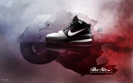 HD desktop wallpaper featuring a man-made Nike sneaker with a bold design, set against a smoky, dynamic background in red and gray tones.