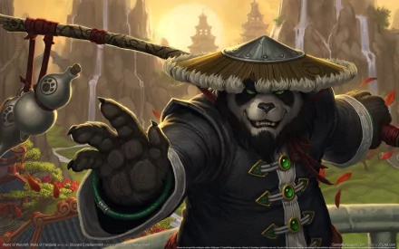 Vibrant HD wallpaper from World of Warcraft: Mists of Pandaria, featuring a panda warrior in a lush, mystical landscape, embodying the spirit of the iconic video game.