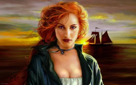 A captivating fantasy scene featuring a woman with red hair in the foreground, set against a sunset backdrop with a sailing ship on the horizon. High-definition desktop wallpaper.