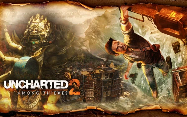 HD wallpaper featuring action scenes from *Uncharted 2: Among Thieves*, showcasing a dynamic character leap amidst a stunning backdrop of ancient ruins and dramatic landscapes.