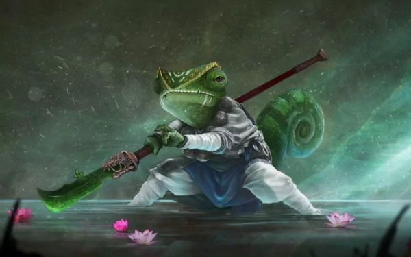 A fantasy creature resembling a chameleon warrior wields a large curved blade, poised in a misty, mystical environment; HD PC desktop wallpaper and background.