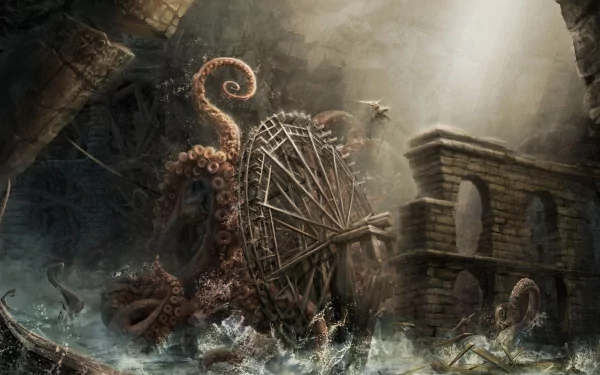 A dramatic fantasy scene featuring a kraken emerging from tumultuous waters, surrounded by ancient ruins and a large wooden wheel, creating an epic atmosphere for a HD PC wallpaper.