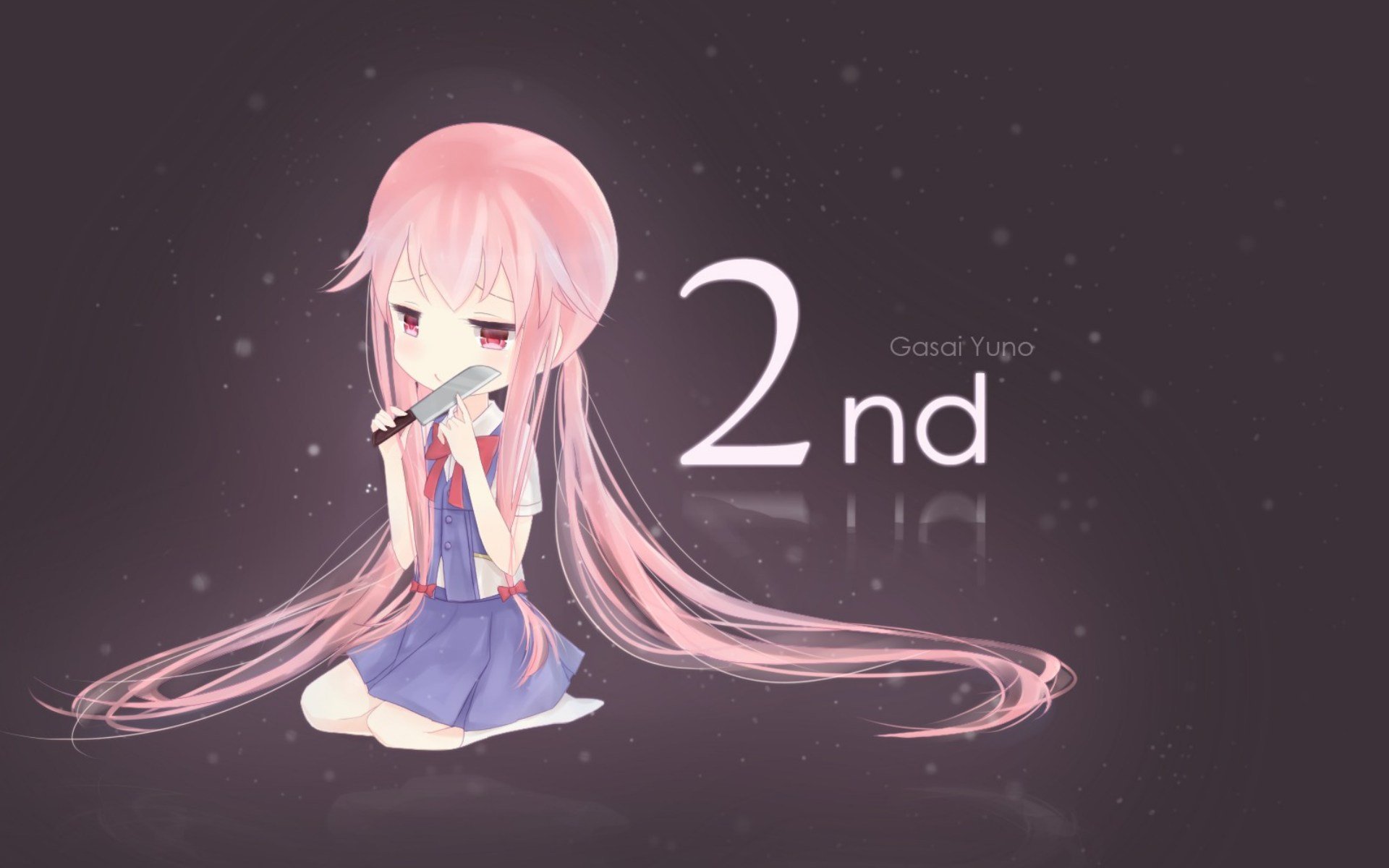 HD wallpaper featuring Yuno Gasai from the anime Mirai Nikki, showcasing her iconic pink hair and a contemplative pose with the text 2nd in a stylish font.