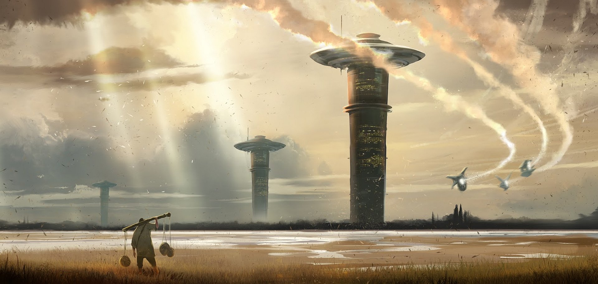 HD sci-fi landscape wallpaper depicting futuristic towers under a dramatic sky with sun rays breaking through clouds and flying vehicles in the distance.