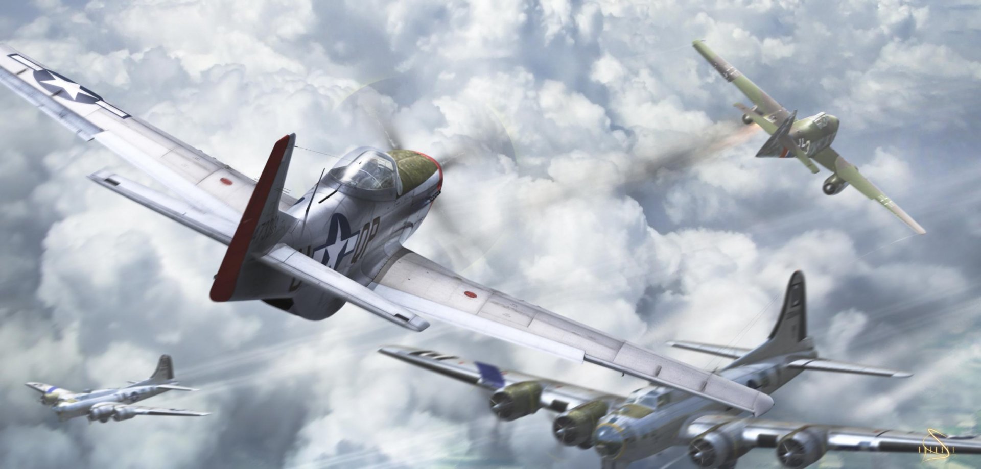HD desktop wallpaper showing a dramatic aerial scene with a North American P-51 Mustang, Boeing B-17 Flying Fortress, and a Messerschmitt Me 262 flying above clouds.
