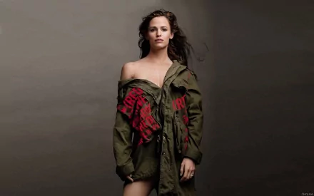 HD desktop wallpaper featuring celebrity Jennifer Garner standing against a plain background, wearing an oversized jacket with a confident expression.