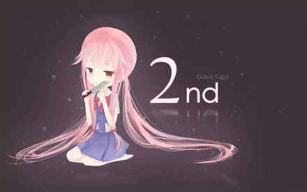 HD wallpaper featuring Yuno Gasai from the anime Mirai Nikki, showcasing her iconic pink hair and a contemplative pose with the text 2nd in a stylish font.