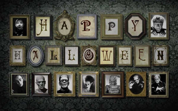 HD Halloween desktop wallpaper, featuring a spooky Happy Halloween sign made from framed letters. Underneath are framed black-and-white portraits of eerie characters, set against a dark, textured background.