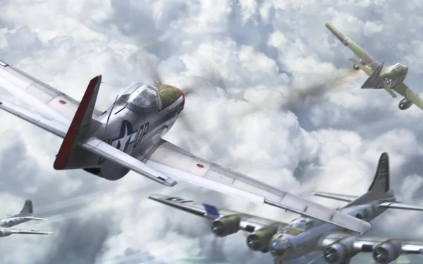 HD desktop wallpaper showing a dramatic aerial scene with a North American P-51 Mustang, Boeing B-17 Flying Fortress, and a Messerschmitt Me 262 flying above clouds.