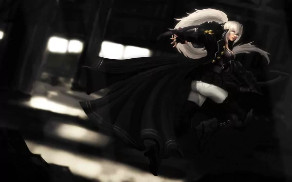 HD PC Desktop Wallpaper featuring Vayne from League of Legends in dynamic motion, set against a dark, blurred background from the video game.