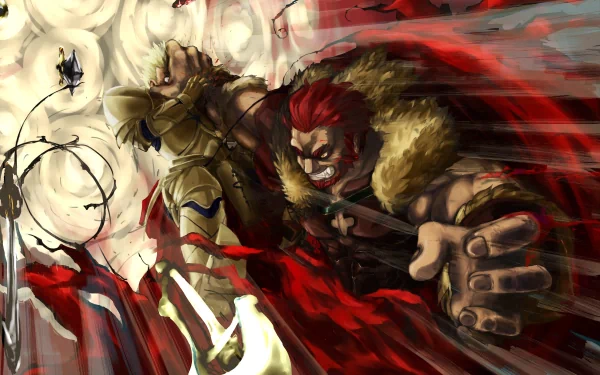 HD anime wallpaper featuring Rider and Archer from Fate/Zero in dynamic action poses with vibrant red and cream tones, designed as a PC desktop background.