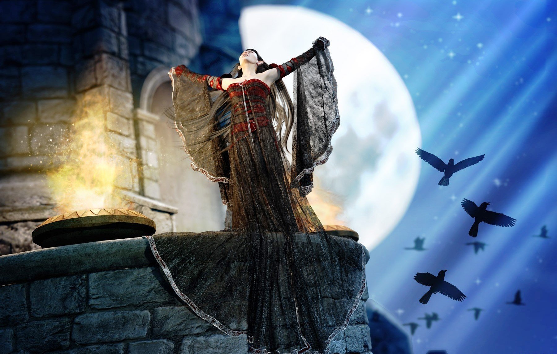 Fantasy HD PC desktop wallpaper: a woman in a flowing dark gown stands on a stone tower beside a brazier, arms raised toward a full moon as crows wheel across a starlit sky.