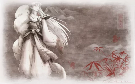 HD desktop wallpaper featuring a sepia-toned portrait of a character from the anime InuYasha, set against a mountainous background with red plants in the foreground.
