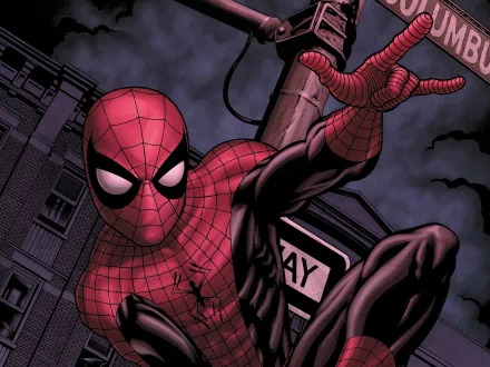 HD PC desktop wallpaper of Spider-Man in a dynamic pose against a dark cityscape, showcasing a comic-style illustration with detailed webbing and dramatic lighting.