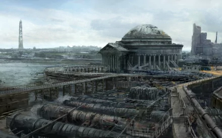 A detailed HD wallpaper from Fallout 3, showcasing a post-apocalyptic landscape featuring a grand building amidst industrial ruins and a barren horizon.