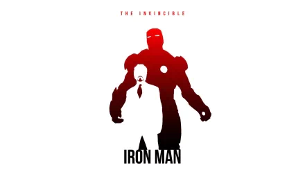 HD desktop wallpaper featuring a red and white minimalist illustration of Tony Stark and his alter ego, Iron Man, with the text The Invincible Iron Man.