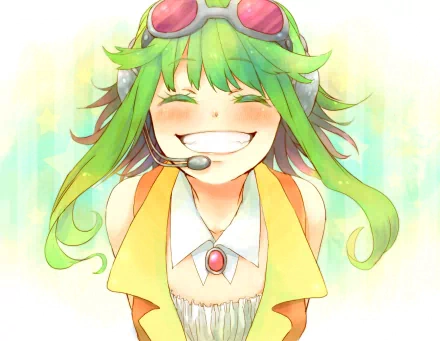 HD anime desktop wallpaper featuring GUMI from Vocaloid, smiling brightly with green hair and a headset against a soft, pastel background.