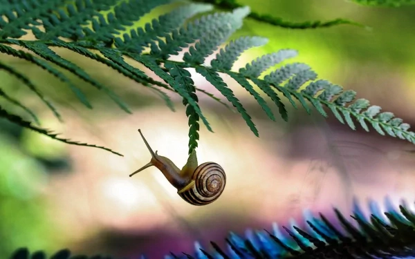 HD desktop wallpaper showing a snail climbing on a green fern leaf amidst lush foliage and soft natural light.