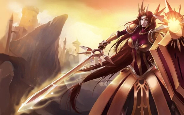 Leona from League of Legends stands confidently with her sword and shield, set against a vibrant sunset background, showcasing her powerful presence in this HD wallpaper.