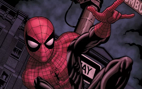 HD PC desktop wallpaper of Spider-Man in a dynamic pose against a dark cityscape, showcasing a comic-style illustration with detailed webbing and dramatic lighting.