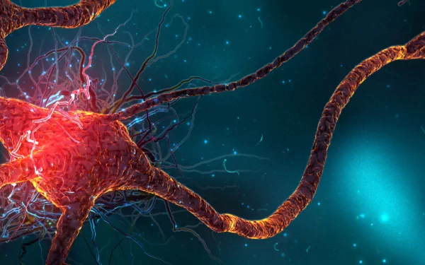 Abstract artistic HD PC desktop wallpaper: glowing red neuron-like structure with branching filaments and sparkles against a deep teal, cosmic-style background.