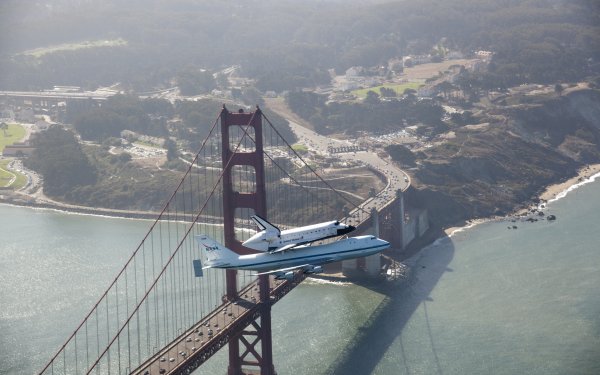 Vehicles Space Shuttle Endeavour Space Shuttles Golden Gate Bridge San Francisco Coast Aerial Ocean Shuttle Airplane NASA HD Wallpaper | Background Image