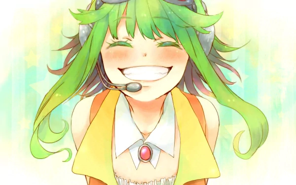 HD anime desktop wallpaper featuring GUMI from Vocaloid, smiling brightly with green hair and a headset against a soft, pastel background.