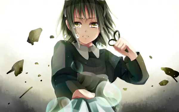 HD PC desktop wallpaper: mosaic role song illustration of GUMI (Vocaloid) in anime style — tearful, reaching out amid floating shards.