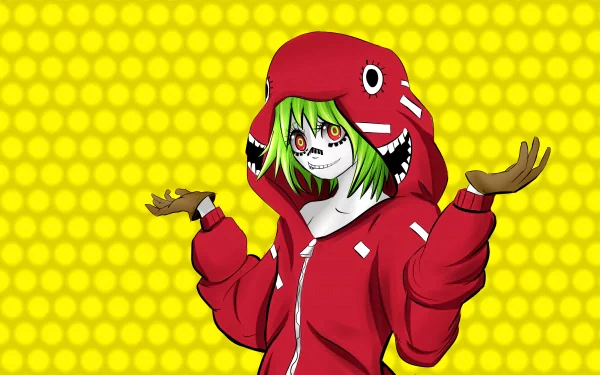 GUMI from Vocaloid in a red hoodie with a wide-eyed expression against a yellow dotted background, inspired by the Matryoshka song illustration, 4K UHD anime wallpaper.