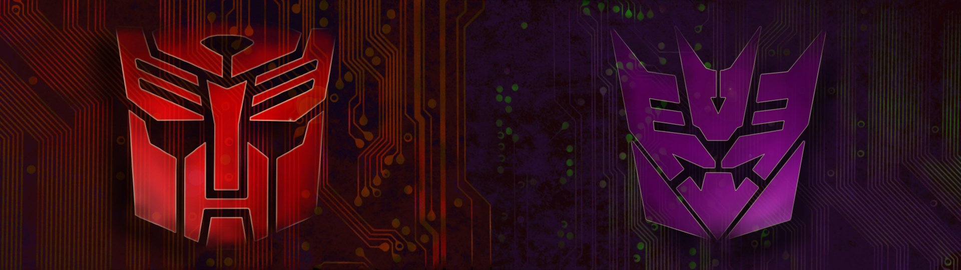 HD comic-style Transformers wallpaper featuring the Autobot and Decepticon symbols set against a dark, circuit board-inspired background for PC desktops.