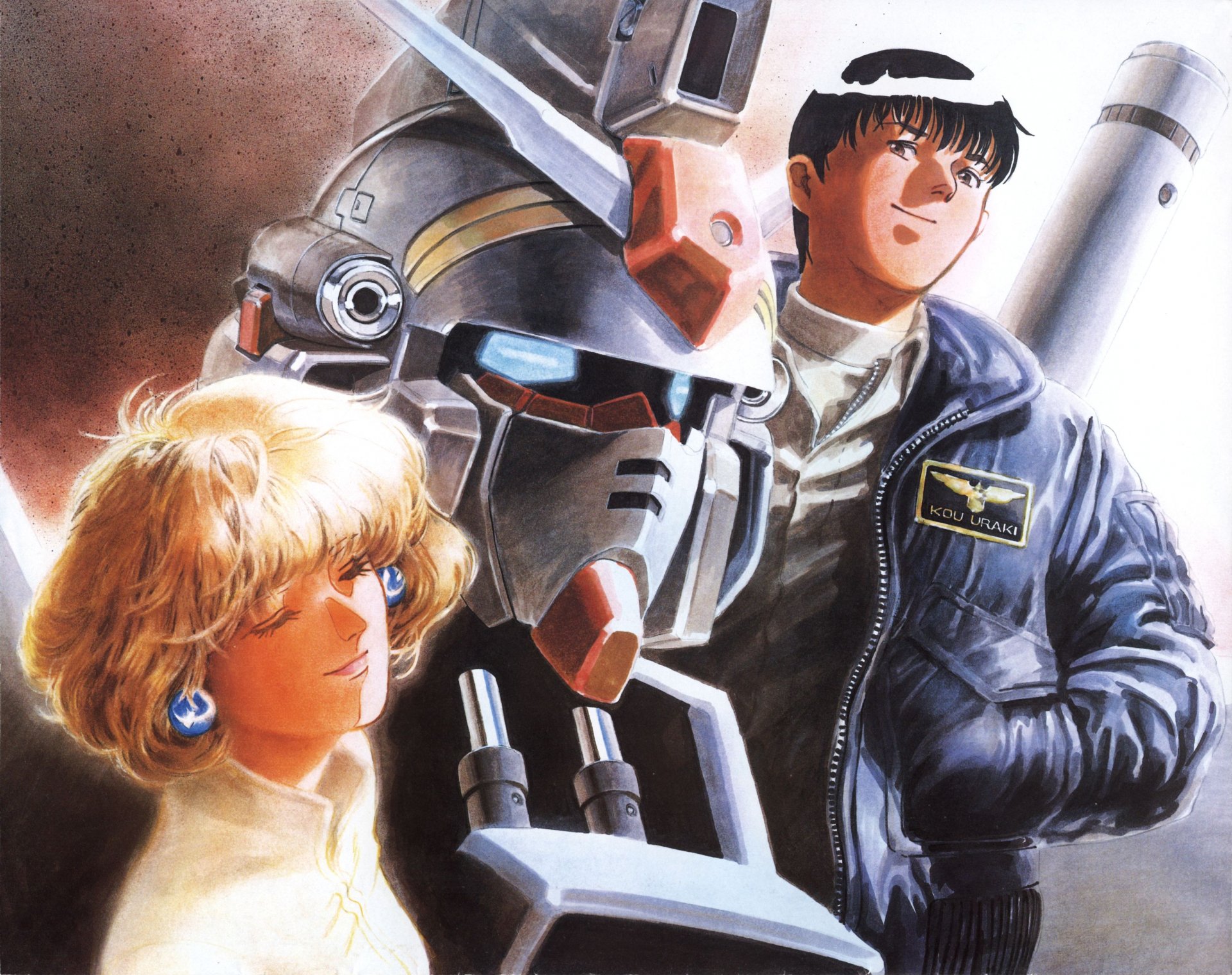 HD anime-style Mobile Suit Gundam PC desktop wallpaper featuring two characters and a detailed Gundam mecha head in a dramatic, painterly composition.