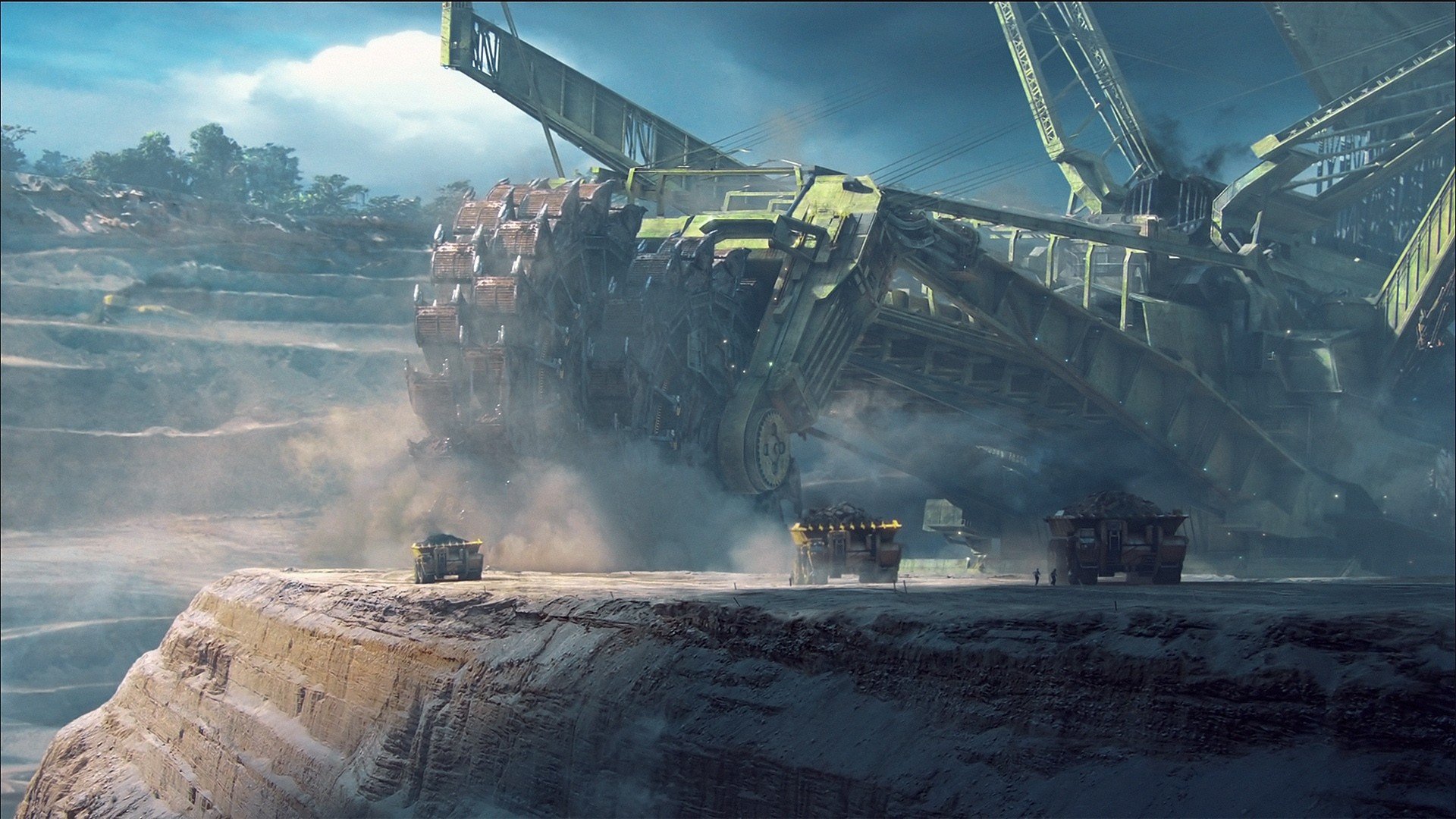 HD PC desktop wallpaper from the movie Avatar featuring massive industrial machinery in a rugged landscape under a cloudy sky.