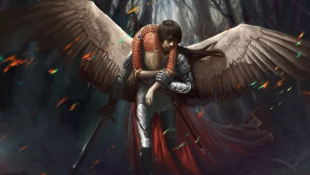 Fantasy HD PC wallpaper of a fallen angel warrior resting in a dark, fiery forest with large, detailed wings and medieval armor.