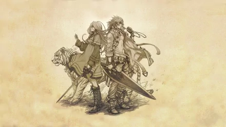 Zael and Calista from The Last Story stand back-to-back, wielding a sword. A tiger accompanies them against a textured beige background, capturing the essence of the video game.