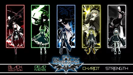 HD wallpaper featuring characters from Black Rock Shooter: Dead Master, Black Gold Saw, Strength, and Chariot, set against a striking black background.