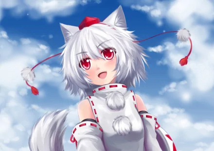 Anime character Momiji Inubashiri smiles joyfully against a backdrop of fluffy clouds, showcasing her signature white hair and red eyes in this vibrant HD desktop wallpaper.