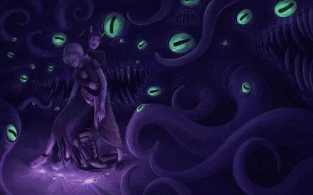 HD PC desktop wallpaper featuring a dark, eerie scene from the comic Homestuck with two characters surrounded by glowing green eyes and shadowy tentacles.